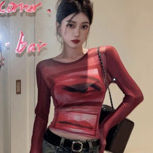 Y2K Women's Slim-Fit Long Sleeve Pullover Top, Sweet and Spicy Abbi Jazz Dance K-Pop Style, European and American Fashion