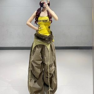 Yellow Camisole for Women with Coffee Brown Layered Tie-Up Cargo Pants - Quick-Dry Thin Casual Sports Outfit