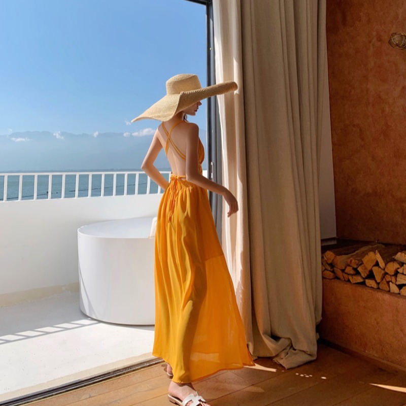 Yellow Cross-Back Strap Dress for Women - Perfect Vacation and Beach Photography Outfit, Ideal for Summer Getaways