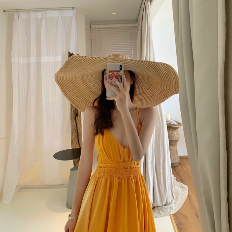 Yellow Cross-Back Strap Dress for Women - Perfect Vacation and Beach Photography Outfit, Ideal for Summer Getaways