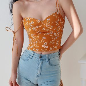 Yellow Floral Spaghetti Strap Top - Vintage Casual Vacation Shirt in French Hot Girl Style for Trendy Summer Looks