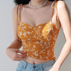 Yellow Floral Spaghetti Strap Top - Vintage Casual Vacation Shirt in French Hot Girl Style for Trendy Summer Looks