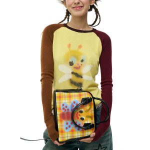 Yellow Little Bee Raglan Sleeve Knitted Top - Slim Fit Artist-Inspired Fashion Tee for 90s and Y2K Style