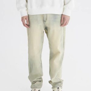 Yellow Mud Dyed Denim Pants for Women - Vintage High Street Style with Slight Stretch, American 90s Inspired Fashion