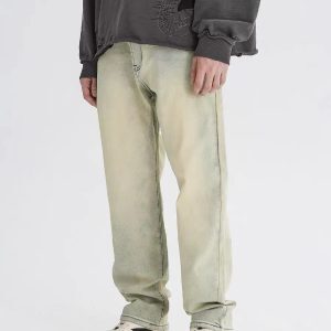 Yellow Mud Dyed Denim Pants for Women - Vintage High Street Style with Slight Stretch, American 90s Inspired Fashion