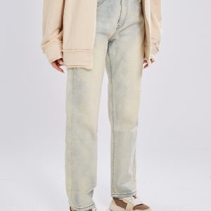 Yellow Mud Dyed Denim Pants for Women - Vintage High Street Style with Slight Stretch, American 90s Inspired Fashion