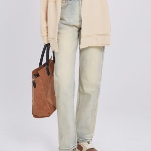Yellow Mud Dyed Denim Pants for Women - Vintage High Street Style with Slight Stretch, American 90s Inspired Fashion