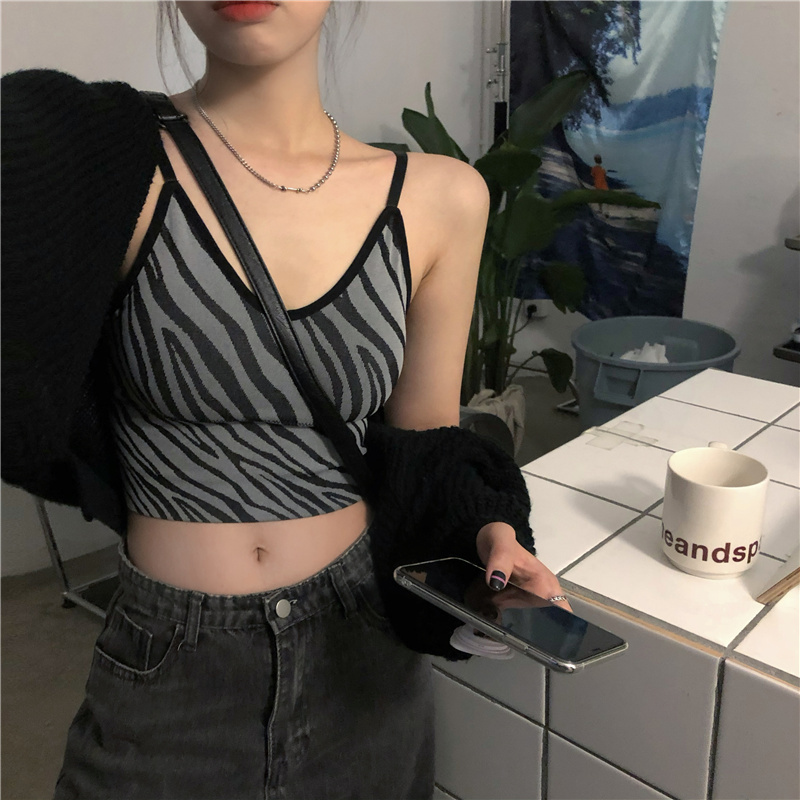 Zebra Print Camisole with Chest Pads, Sexy Back Jazz Dance Vest for Women, European and American Style Top