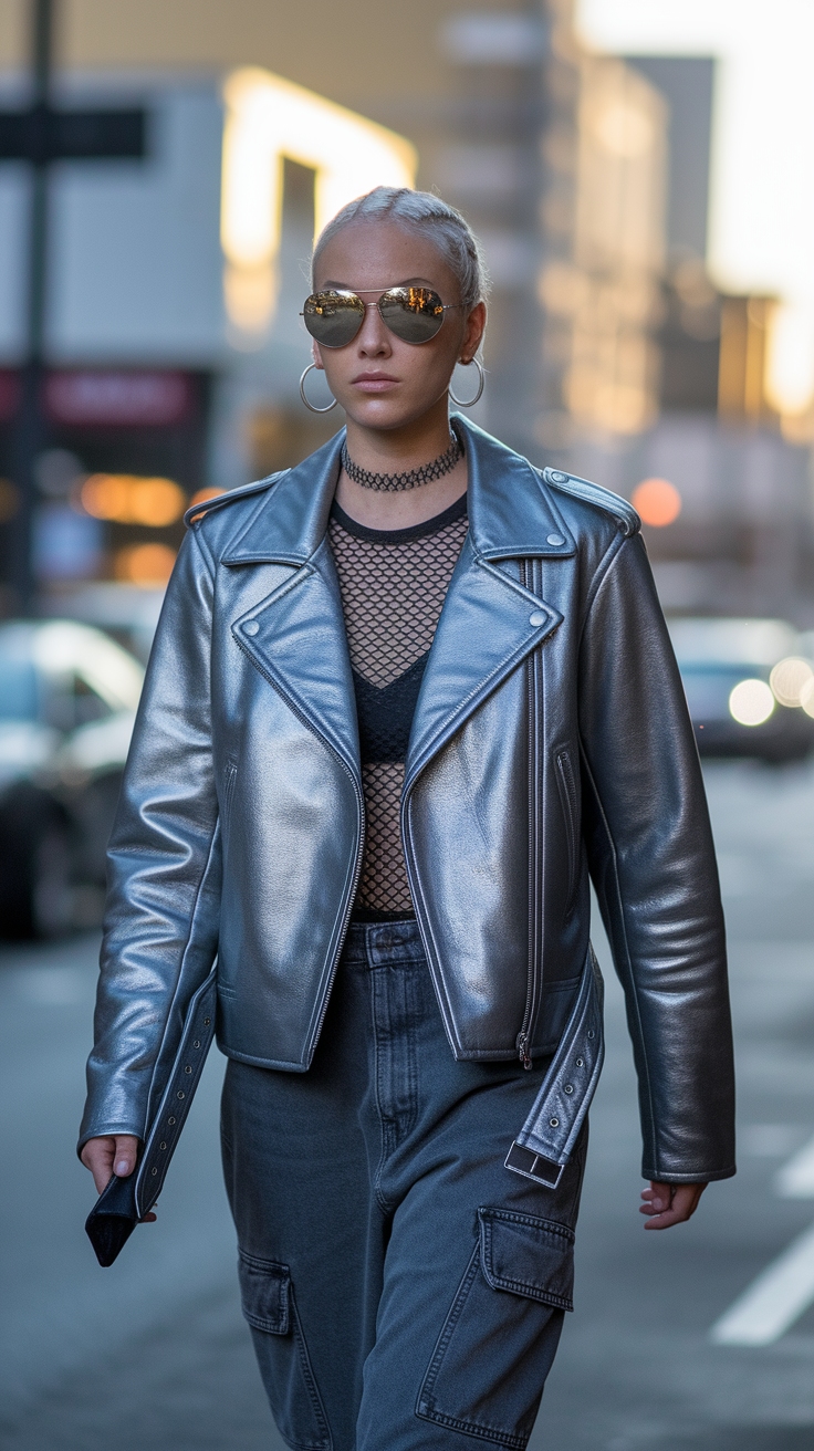 Pairing Essentials with a Metallic Leather Jacket outfit idea