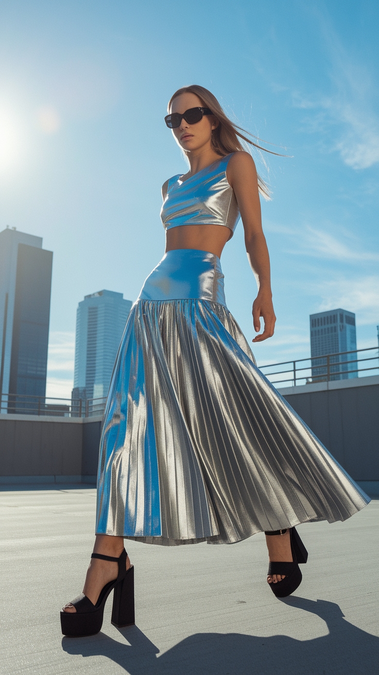 Glam Up with a Metallic Maxi Skirt Outfit outfit idea