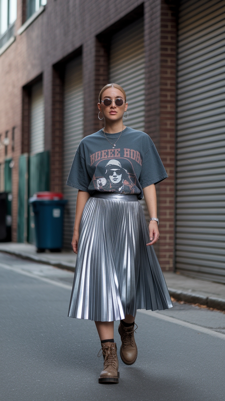 Casual Vibes: Metallic Skirt with Graphic Tee outfit idea