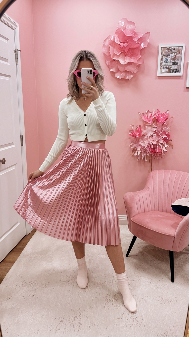 Pink Metallic Pleated Skirt Outfit: Feminine Flair Done Right outfit idea