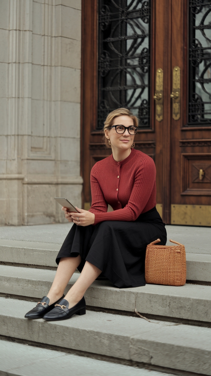 Red Button Up Cardigan Outfit for Layering Gracefully outfit idea