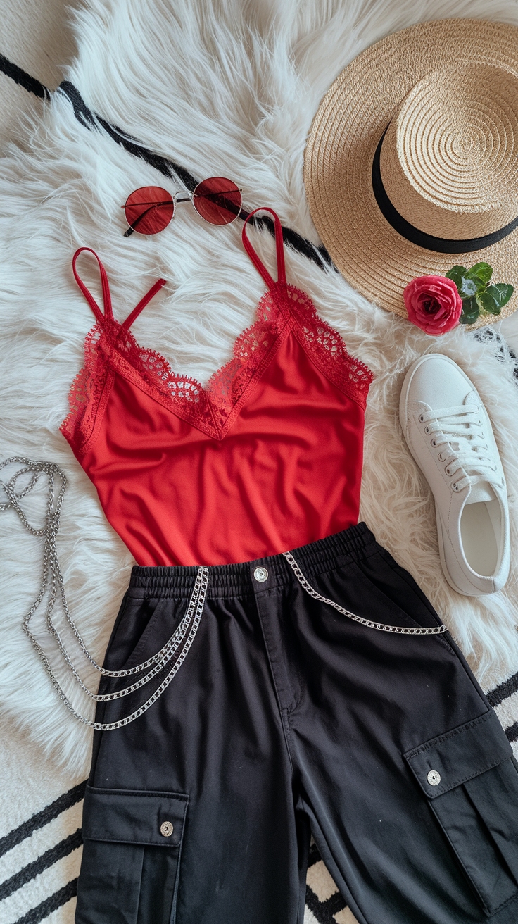 Red Lace Tank Top: A Chic Addition to Your Wardrobe outfit idea