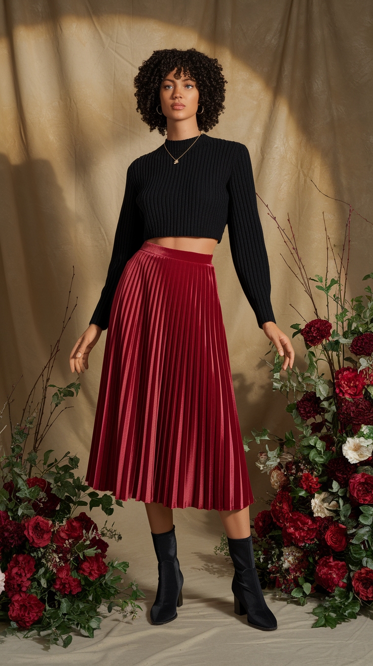 How to Wear a Red Velvet Skirt for Any Occasion outfit idea
