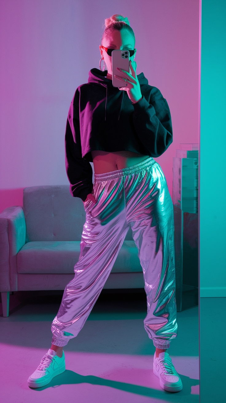 Casual Yet Chic Silver Metallic Joggers Outfit Ideas outfit idea