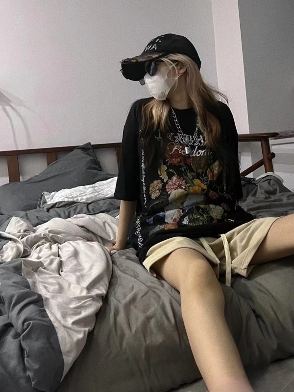 2023 Summer American Vintage Floral Print Short Sleeve T-Shirt Loose Fit High Street Style for Couples