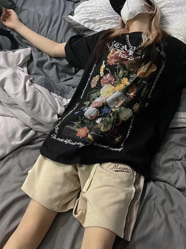2023 Summer American Vintage Floral Print Short Sleeve T-Shirt Loose Fit High Street Style for Couples