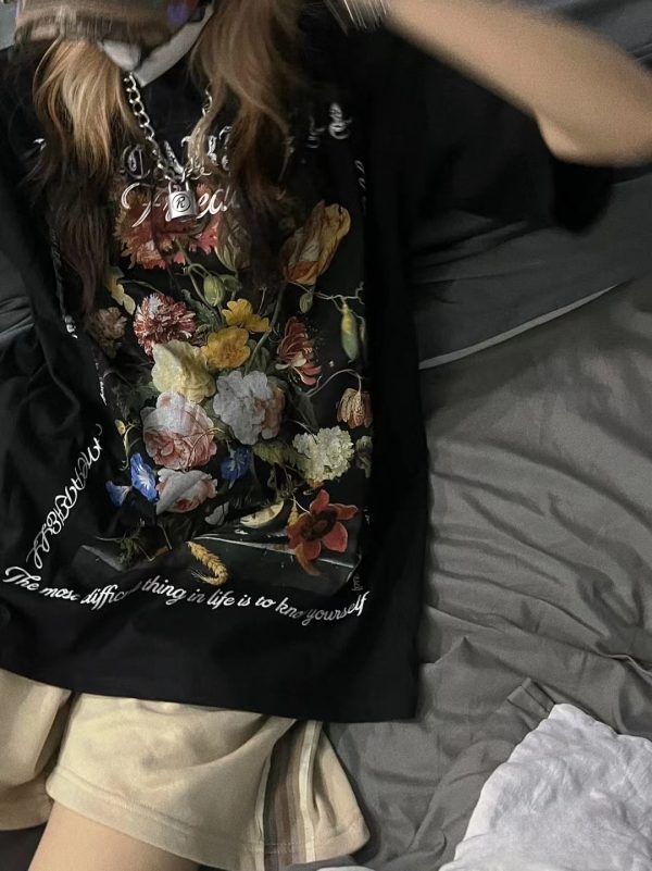 2023 Summer American Vintage Floral Print Short Sleeve T-Shirt Loose Fit High Street Style for Couples