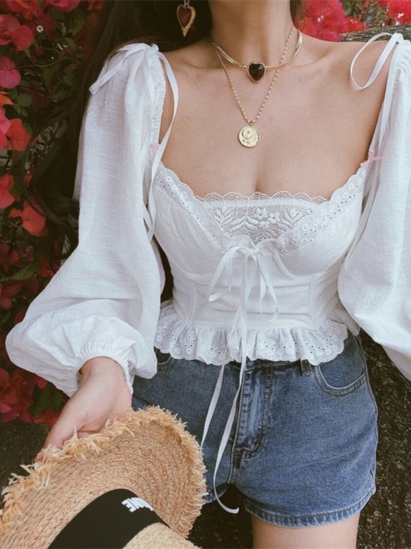 2024 Spring-Summer White Cotton-Linen Blouse with Lace Trim, Vintage Lantern Sleeves, French Style Vacation Top