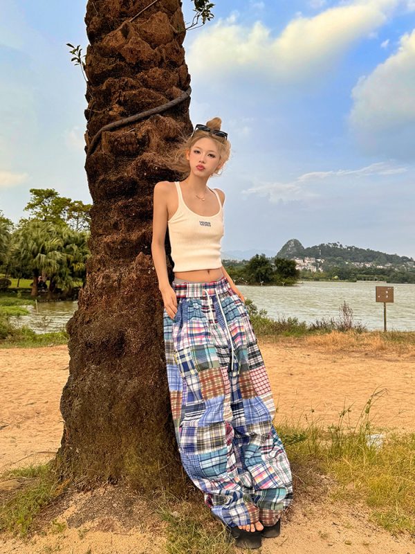 2025 American Retro Colorful Patchwork Plaid Wide-Leg Pants Unisex Versatile Floor-Length Trousers Y2K Style