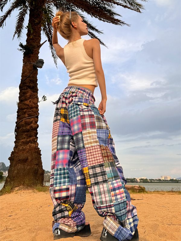 2025 American Retro Colorful Patchwork Plaid Wide-Leg Pants Unisex Versatile Floor-Length Trousers Y2K Style