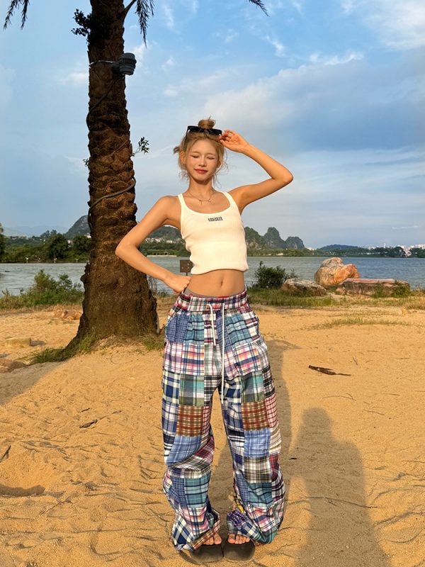 2025 American Retro Colorful Patchwork Plaid Wide-Leg Pants Unisex Versatile Floor-Length Trousers Y2K Style