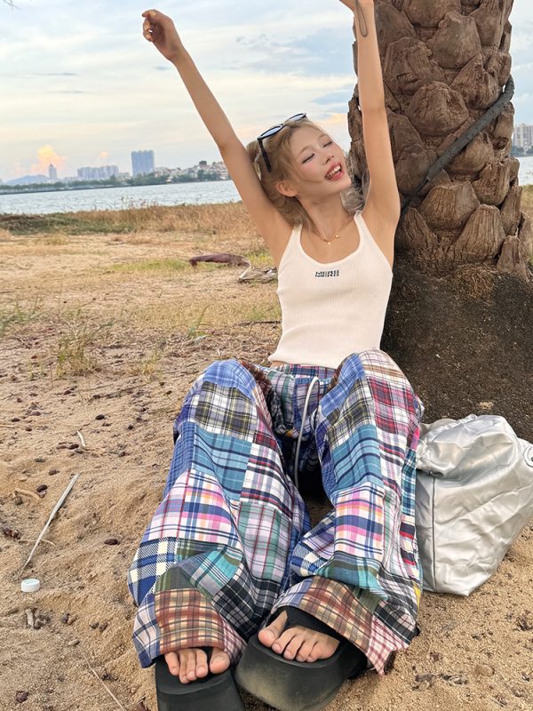 2025 American Retro Colorful Patchwork Plaid Wide-Leg Pants Unisex Versatile Floor-Length Trousers Y2K Style
