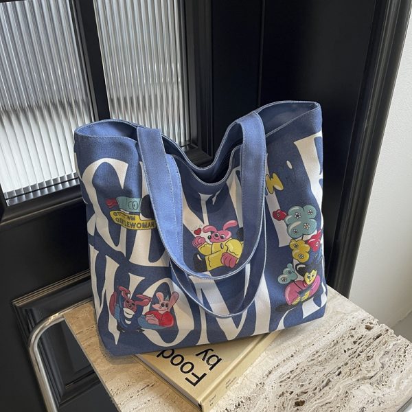 2025 Cartoon Letter Canvas Tote Bag for Women, Large Capacity Shoulder Bag for Class, Commuting, and Short Trips