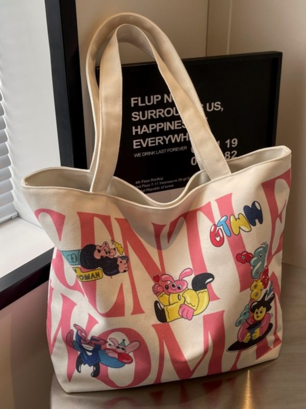 2025 Cartoon Letter Canvas Tote Bag for Women, Large Capacity Shoulder Bag for Class, Commuting, and Short Trips