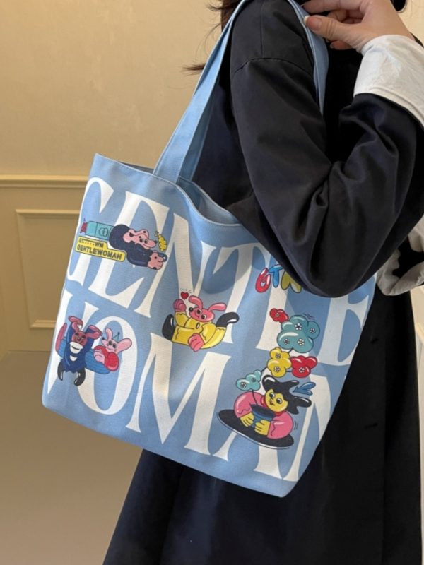 2025 Cartoon Letter Canvas Tote Bag for Women, Large Capacity Shoulder Bag for Class, Commuting, and Short Trips