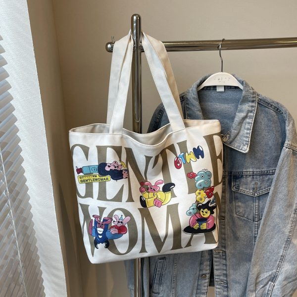 2025 Cartoon Letter Canvas Tote Bag for Women, Large Capacity Shoulder Bag for Class, Commuting, and Short Trips