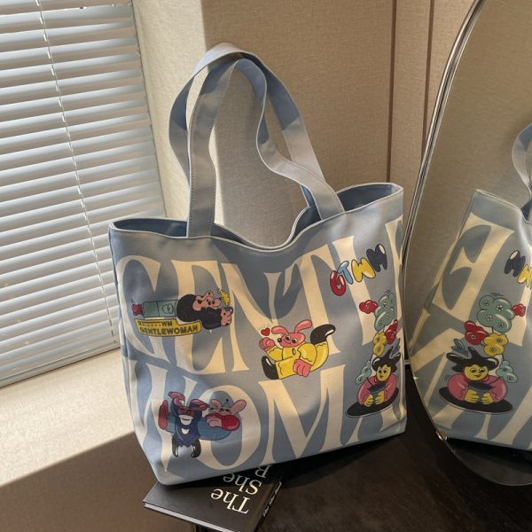 2025 Cartoon Letter Canvas Tote Bag for Women, Large Capacity Shoulder Bag for Class, Commuting, and Short Trips