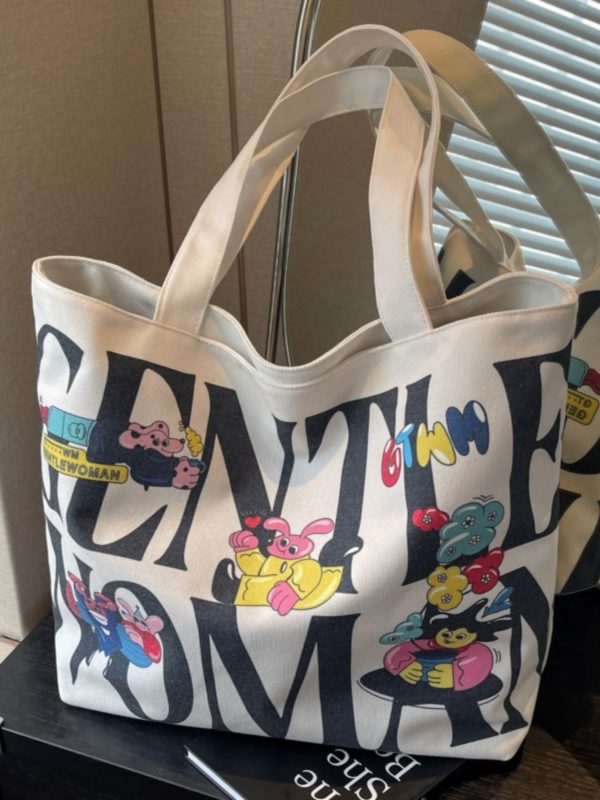 2025 Cartoon Letter Canvas Tote Bag for Women, Large Capacity Shoulder Bag for Class, Commuting, and Short Trips