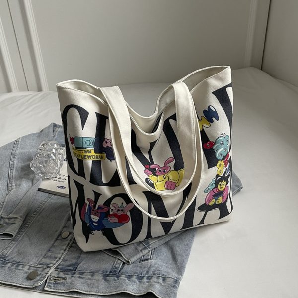 2025 Cartoon Letter Canvas Tote Bag for Women, Large Capacity Shoulder Bag for Class, Commuting, and Short Trips