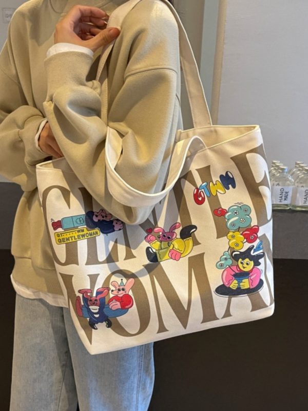 2025 Cartoon Letter Canvas Tote Bag for Women, Large Capacity Shoulder Bag for Class, Commuting, and Short Trips