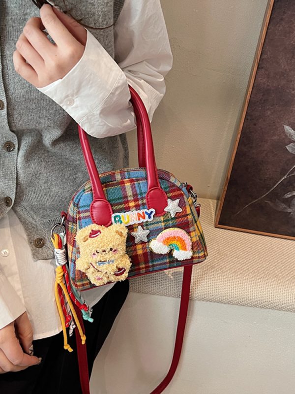 2025 Cute Cartoon Handbag for Women - Spring Summer Plaid Fabric Shell Bag, Casual Shoulder Crossbody Bag