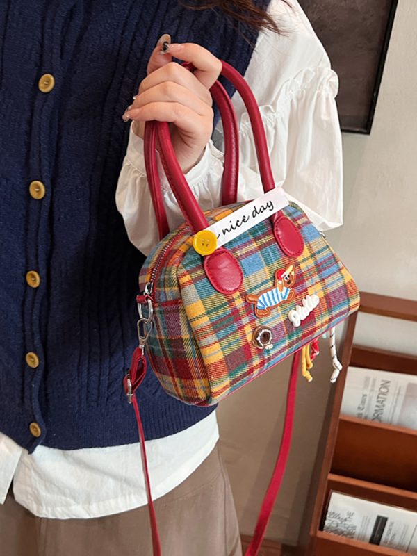 2025 Cute Cartoon Handbag for Women - Spring Summer Plaid Fabric Shell Bag, Casual Shoulder Crossbody Bag