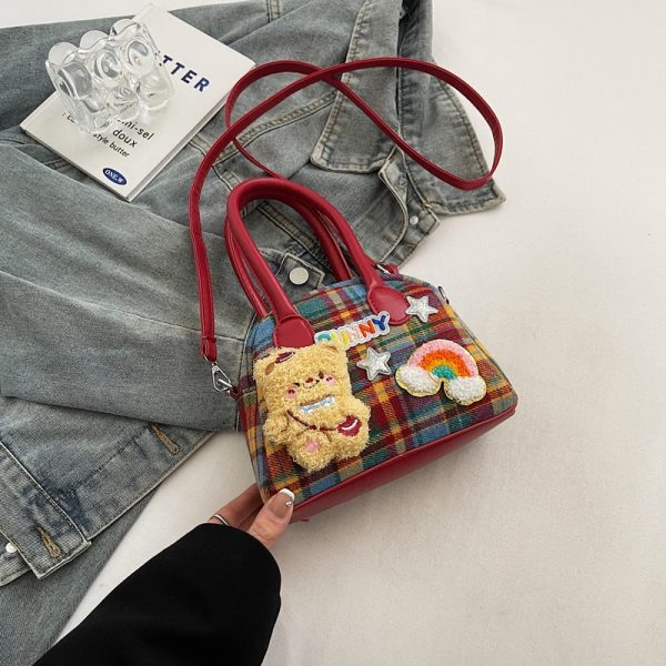 2025 Cute Cartoon Handbag for Women - Spring Summer Plaid Fabric Shell Bag, Casual Shoulder Crossbody Bag