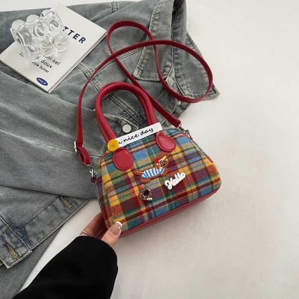 2025 Cute Cartoon Handbag for Women - Spring Summer Plaid Fabric Shell Bag, Casual Shoulder Crossbody Bag