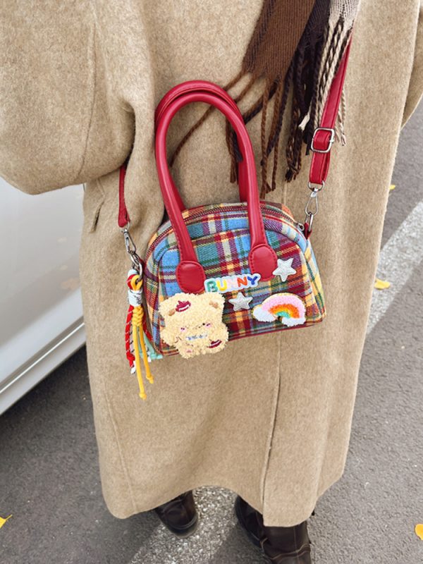 2025 Cute Cartoon Handbag for Women - Spring Summer Plaid Fabric Shell Bag, Casual Shoulder Crossbody Bag