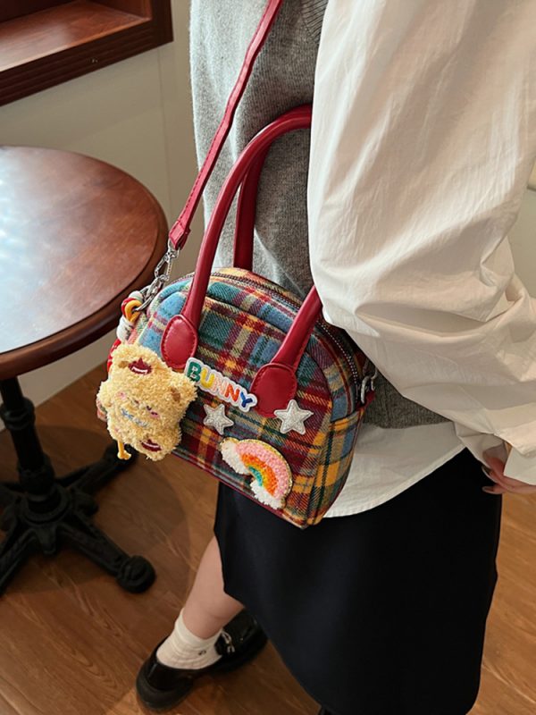 2025 Cute Cartoon Handbag for Women - Spring Summer Plaid Fabric Shell Bag, Casual Shoulder Crossbody Bag