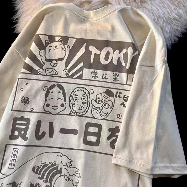 2025 Japanese-Style Loose Cartoon Print Red Short Sleeve T-Shirt for Couples - Trendy Y2K Aesthetic