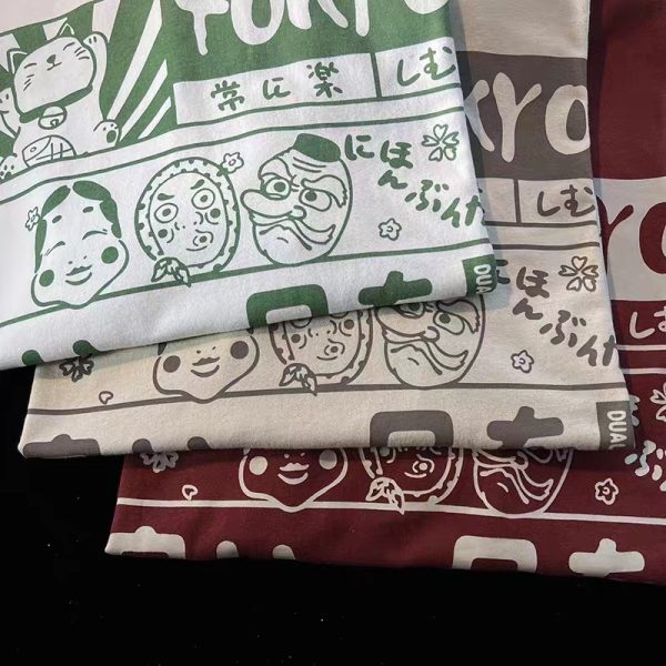 2025 Japanese-Style Loose Cartoon Print Red Short Sleeve T-Shirt for Couples - Trendy Y2K Aesthetic