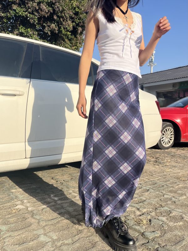 2025 New American Vintage Sweet and Spicy Plaid Sheer Stretch Midi Skirt for Women - Slim Fit Y2K Inspired Fashion