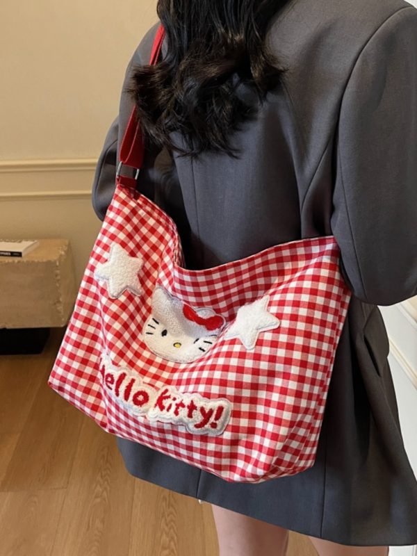 2025 New Cartoon Plaid Canvas Crossbody Bag for Women - Large Capacity Shoulder Tote for Spring and Summer