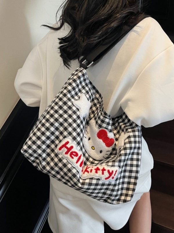 2025 New Cartoon Plaid Canvas Crossbody Bag for Women - Large Capacity Shoulder Tote for Spring and Summer