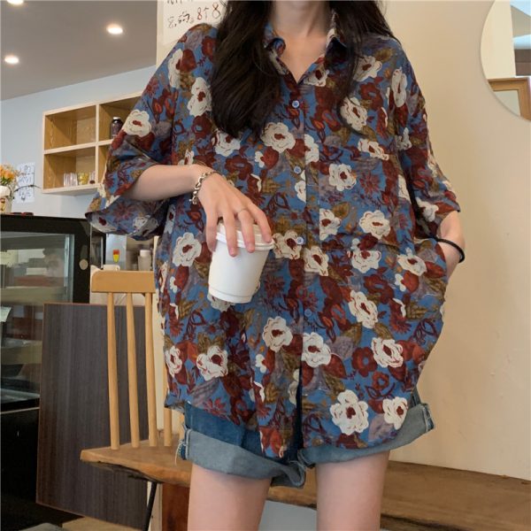 2025 Retro Hong Kong Style Loose Floral Short Sleeve Shirt for Women - Hawaiian Vacation Beach Wear