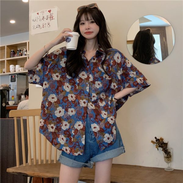 2025 Retro Hong Kong Style Loose Floral Short Sleeve Shirt for Women - Hawaiian Vacation Beach Wear