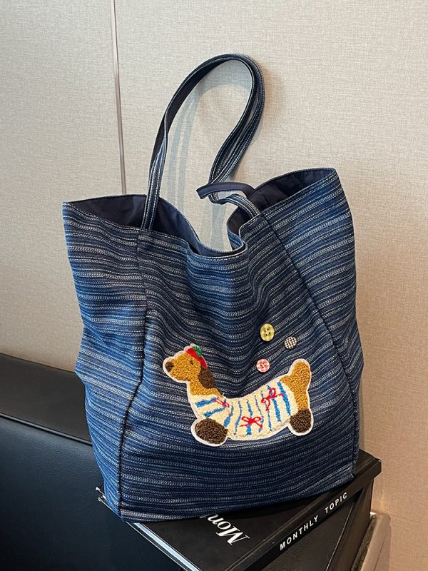2025 Spring Summer Striped Canvas Shoulder Tote Bag - Cute Large Capacity Casual Commuting Bag for Women